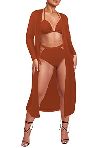Women's Printed 3 Piece High Waist Bikini Maxi Swimsuit Cover Up