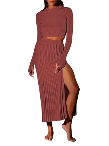 Pink Queen Women's 2-Piece Long Sleeve Crop Top & Ribbed Midi Skirt Knit Dress Set