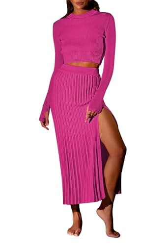 Pink Queen Women's 2-Piece Long Sleeve Crop Top & Ribbed Midi Skirt Knit Dress Set