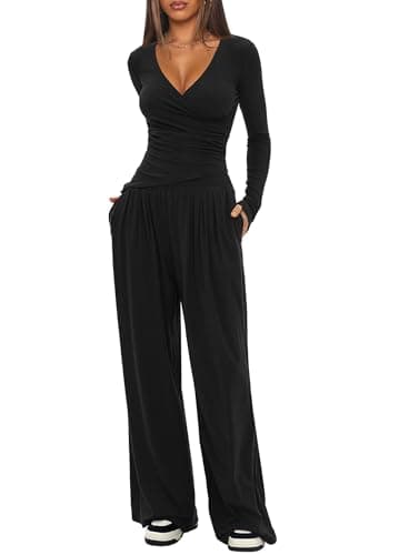 Darong Women's Lounge OutfitSet: V-Neck Shirts & Wide Leg Pants