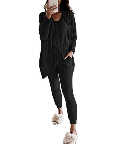 Fessceruna Women's Waffle Knit Lounge Set Tank Top & Long Sleeve Cardigan Pants