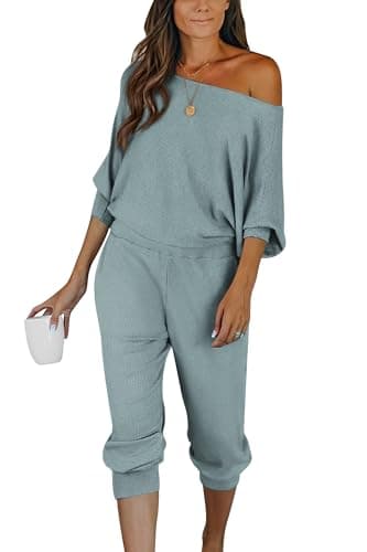 PRETTYGARDEN Women's Off-Shoulder Ribbed Tracksuit with Pockets