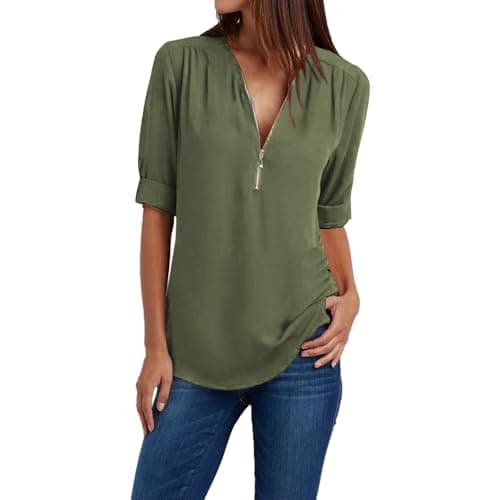 Trendy Plus Size Zip Front 3/4 Sleeve V Neck Summer Tops
