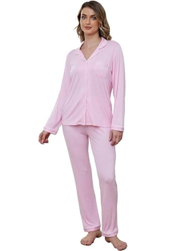 Yoolfine Women's Soft Long Sleeve Button-Up Pajamas Set - XS-XXL