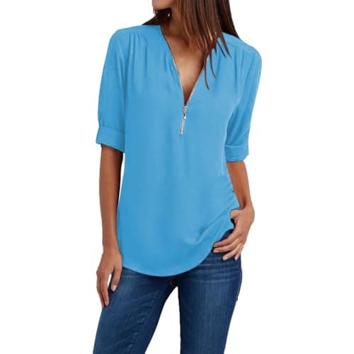 Trendy Plus Size Zip Front 3/4 Sleeve V Neck Summer Tops