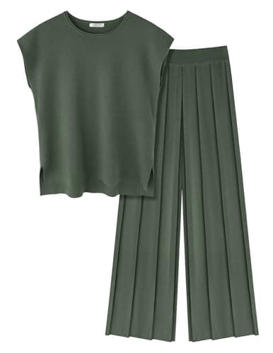 Ekouaer Women's Knit Cap Sleeve Tops & Wide Leg Pleated Pants Casual Sweater Sets