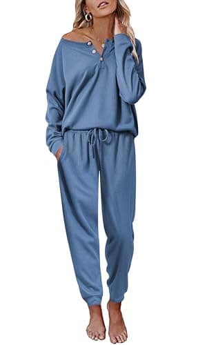 Ekouaer Women's Waffle Knit Pajama Set Long Sleeve S-XXLCasual Loungeewear