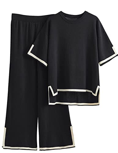Faleave Women's Short Sleeve Knit Sweater & Elastic Waist Wide Leg Pants Lounge Set