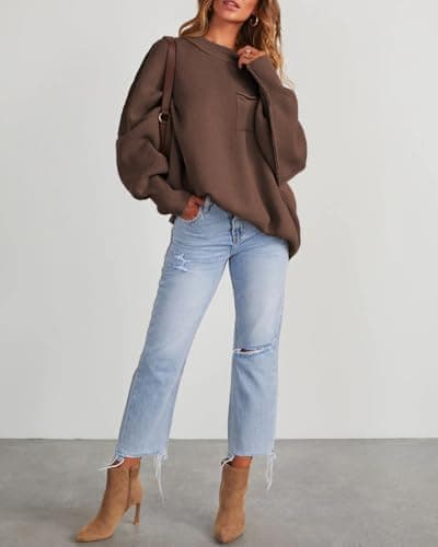 Women's Oversized 2025 Crewneck Ribbed Knit Batwing Sweater Tops