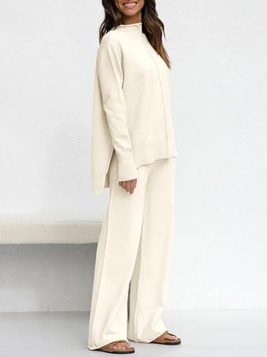 Fazortev Women's Long Sleeve Top & Wide Leg Pants Knit Lounge Set