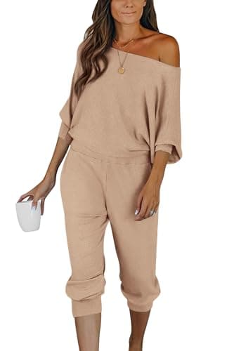 PRETTYGARDEN Women's Off-Shoulder Ribbed Tracksuit with Pockets