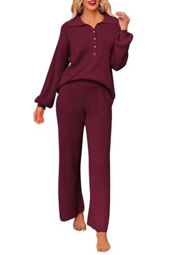 Pink Queen Women's Long Sleeve Button Knit Sweater Wide Leg Pants Outfit