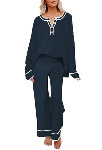 Pink Queen Women's Long Sleeve Button Sweater Top & Wide Leg Knit Pants Outfit Set