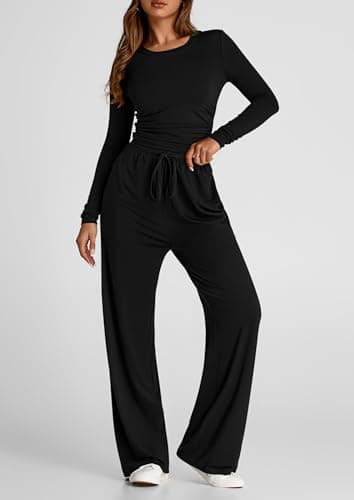 PrettyGarden Women's Spring Fall Two-Piece Tracksuit Long Sleeve Crop Tops Wide Leg Pants Matching Lounge Sets