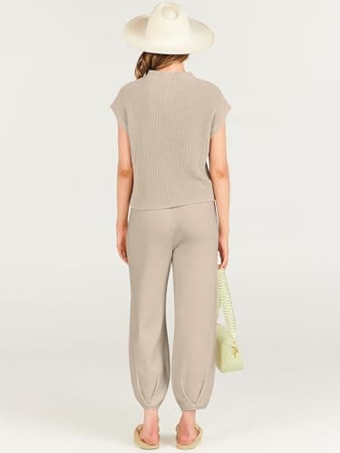 ANRABESS Women's Two-Piece Knit Sweater Vest & Crop Top Pants Set