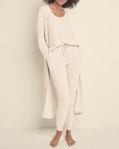Eurivicy Women's Waffle Knit 3-Piece Lounge Set with Long Cardigan