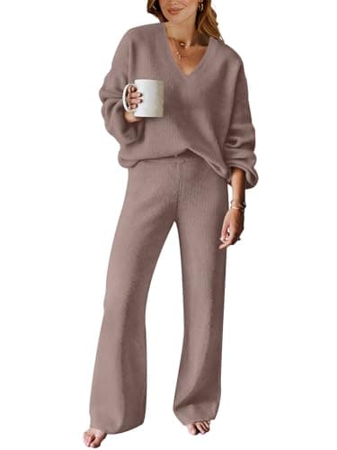 ANRABESS Women's Long Sleeve Cable Knit Set with Wide Leg Pants