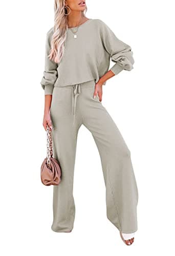 Meenew Women's Long Sleeve Knit Sweater & Wide Leg Pants Loungewear Set