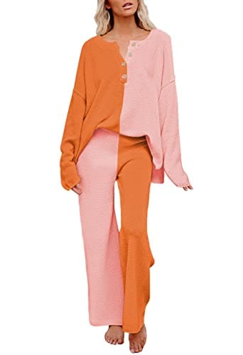 Pink Queen Women's Long Sleeve Button Sweater Top & Wide Leg Knit Pants Outfit Set