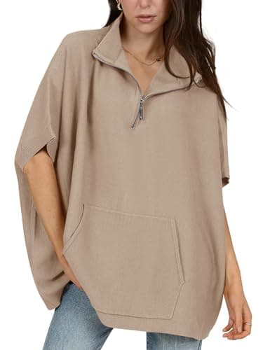 Langwyqu Women's Oversized Half Zip Batwing Sweater with Pocket