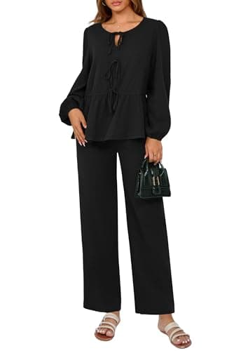 PRETTYGARDEN Women's Tie Front Long Sleeve Top & Wide Leg Pant Loungewear Set