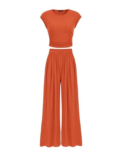 PRETTYGARDEN Women's Summer 2-Piece Outfits Cap Sleeve Ruched T-Shirt Wide Leg Pant Set
