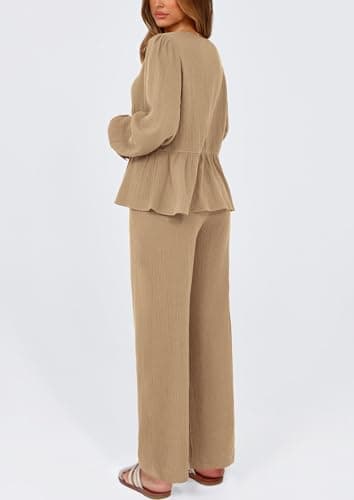 PRETTYGARDEN Women's Tie Front Long Sleeve Top & Wide Leg Pant Loungewear Set