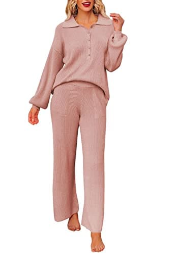 Pink Queen Women's Long Sleeve Button Knit Sweater Wide Leg Pants Outfit