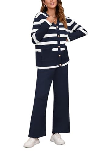 Viottiset Women's Stripe Sweatsuit Set: Long Sleeve Button Sweatshirt & Wide Leg Sweatpants