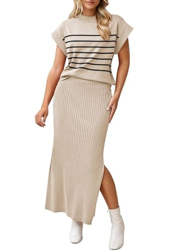 Pink Queen Women's Summer Cap Sleeve Sweater SET Bodycon Maxi Knit Dress