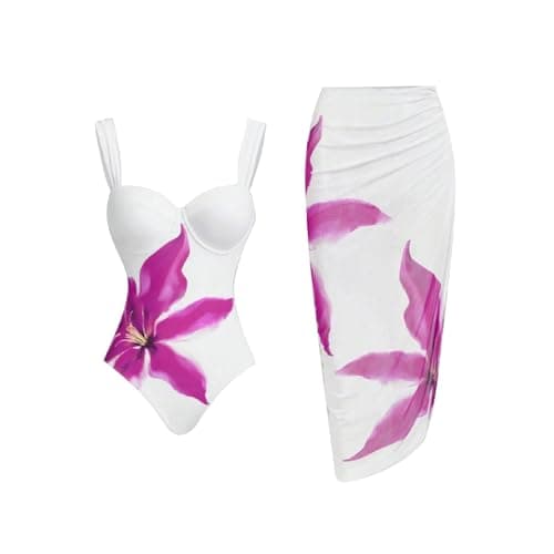 Cethrio Plus Size Vintage Printed Bodystyle Swimwear with Sarong Wrap Skirt