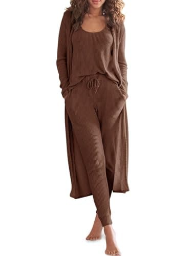 Eurivicy Women's Waffle Knit 3-Piece Lounge Set with Long Cardigan