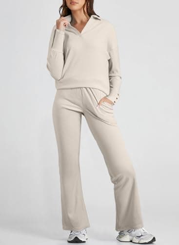 Herseas Women's Long Sleeve V-Neck Sweater Set & High Waist Wide Leg Pants