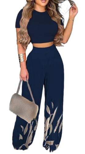 BFFBABY Women's Short Sleeve Crop Top & High Waist Wide Leg Long Pant Set