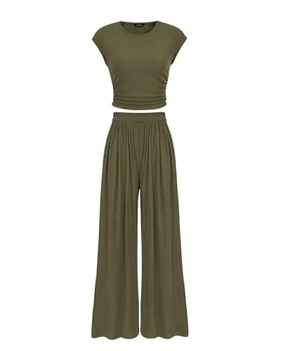 PRETTYGARDEN Women's Summer 2-Piece Outfits Cap Sleeve Ruched T-Shirt Wide Leg Pant Set