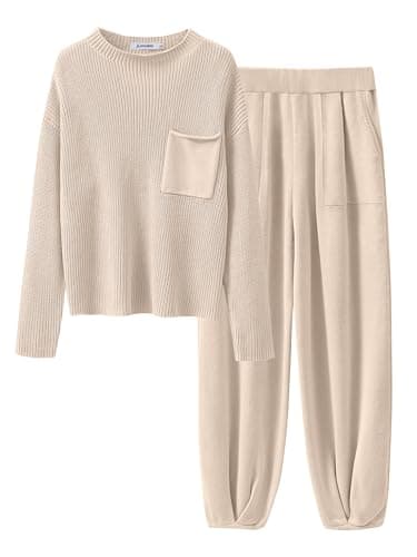 ANRABESS Women's Long Sleeve Fall Sweater Set with Oversized Pants