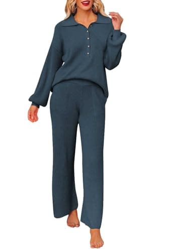 Pink Queen Women's Long Sleeve Button Knit Sweater Wide Leg Pants Outfit