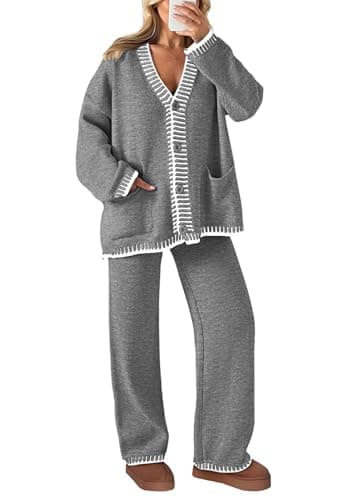 PRETTYGARDEN Women's Matching Lounge Sets Knit Cardigan & Wide Leg Pants