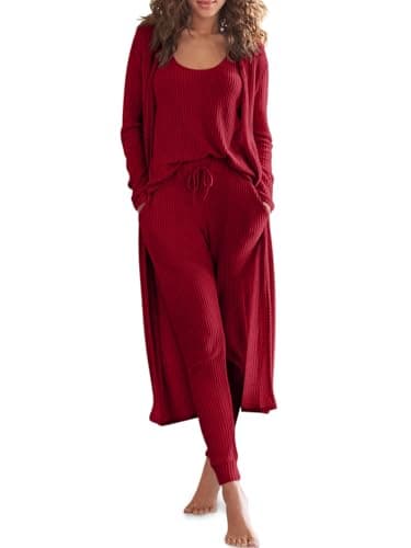 Eurivicy Women's Waffle Knit 3-Piece Lounge Set with Long Cardigan