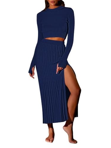 Pink Queen Women's 2-Piece Long Sleeve Crop Top & Ribbed Midi Skirt Knit Dress Set
