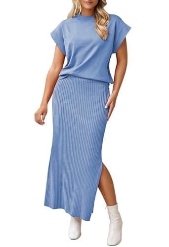 Pink Queen Women's Summer Cap Sleeve Sweater SET Bodycon Maxi Knit Dress