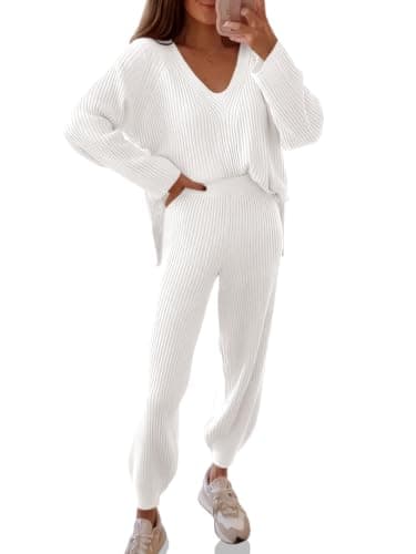 Tankaneo Women's Oversized V-Neck Sweater and Wide Leg Pants Loungewear Set