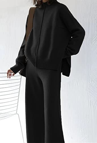 AOHITE Women's Long Sleeve Knit Sweater Top & Wide Leg Sweatpants Outfit Set