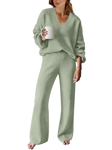ANRABESS Women's Long Sleeve Cable Knit Set with Wide Leg Pants