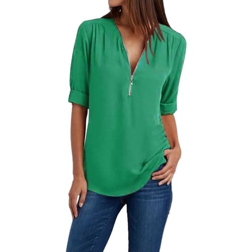 Trendy Plus Size Zip Front 3/4 Sleeve V Neck Summer Tops