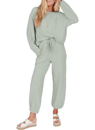 SHEWIN Women's Waffle Knit Lounge Sets Casual Long Sleeve Pullover Joggers