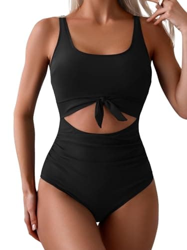 Eomenie Women's Tummy Control One Piece Swimwear with Cutout Tie Knot