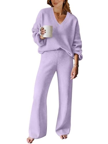 ANRABESS Women's Long Sleeve Cable Knit Set with Wide Leg Pants