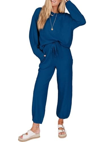 SHEWIN Women's Waffle Knit Lounge Sets Casual Long Sleeve Pullover Joggers