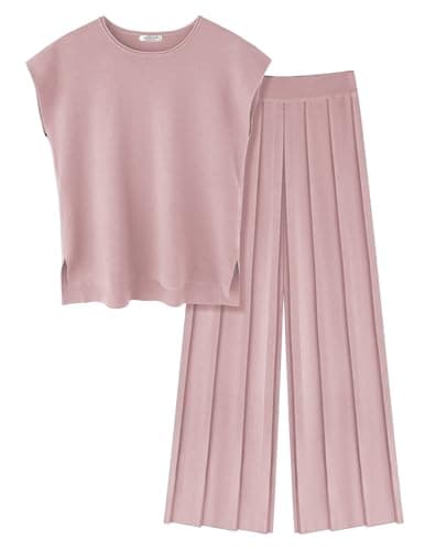 Ekouaer Women's Knit Cap Sleeve Tops & Wide Leg Pleated Pants Casual Sweater Sets